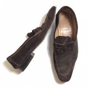 Lorenzo Banfi Chocolate Brown Suede Purple Stitch Loafers Mens Size 10